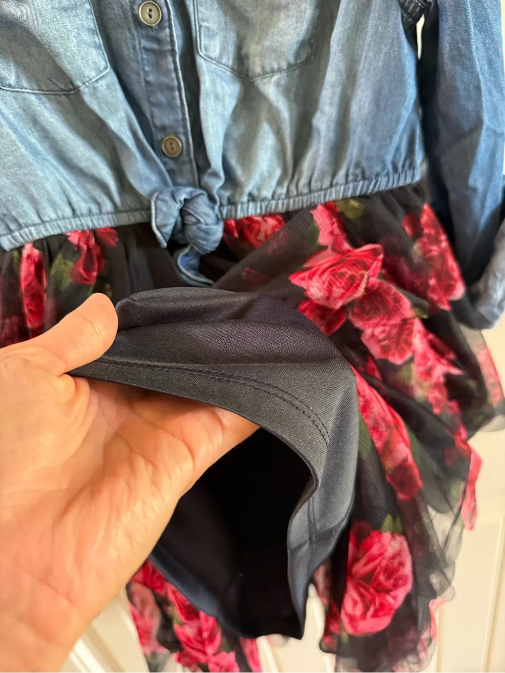 Justice Denim Shirt Dress with Black & Pink Floral Tulle Skirt size 8